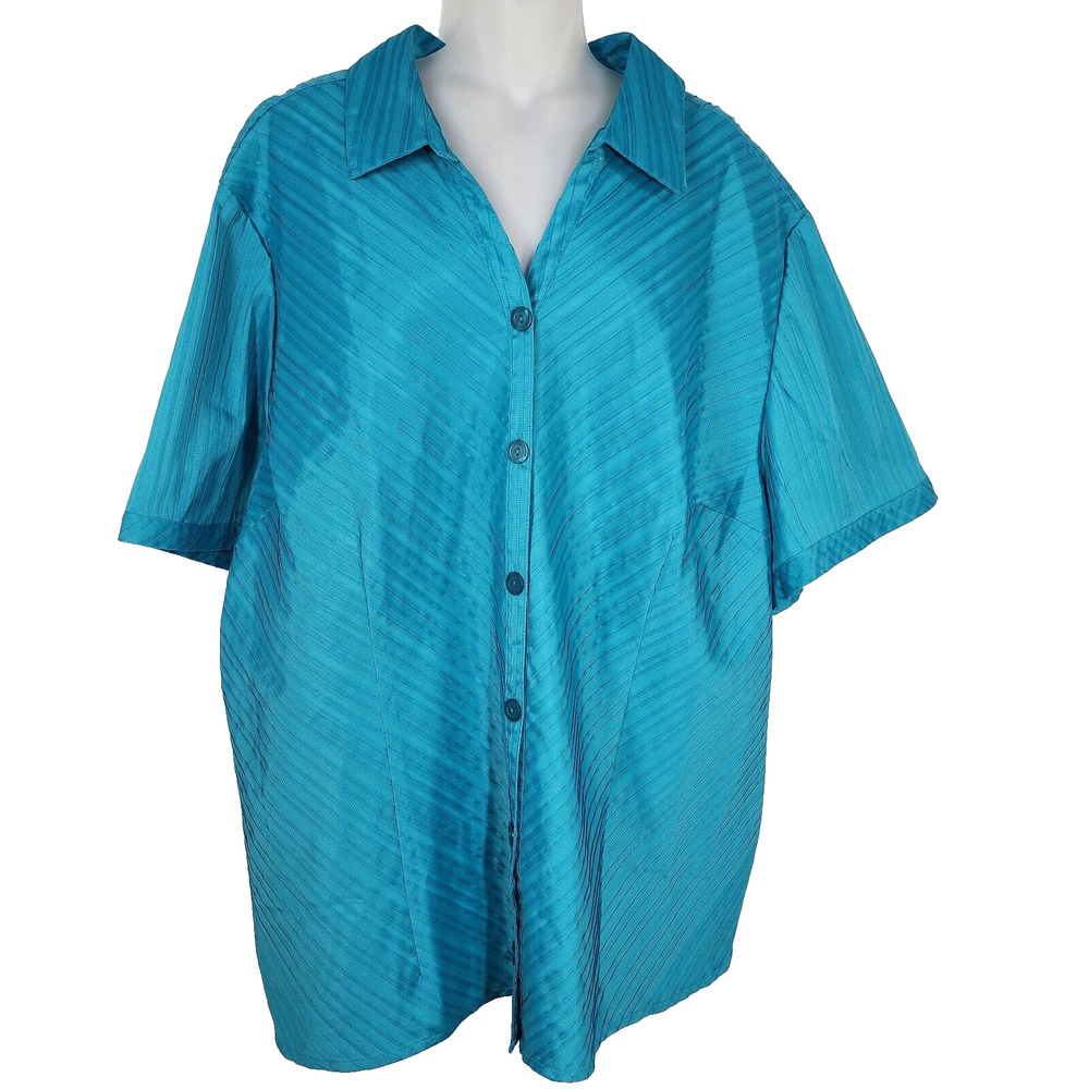 Maggie Barnes Shirt Womens 3X Blue Textured Pleated Striped Short Sleeve Button